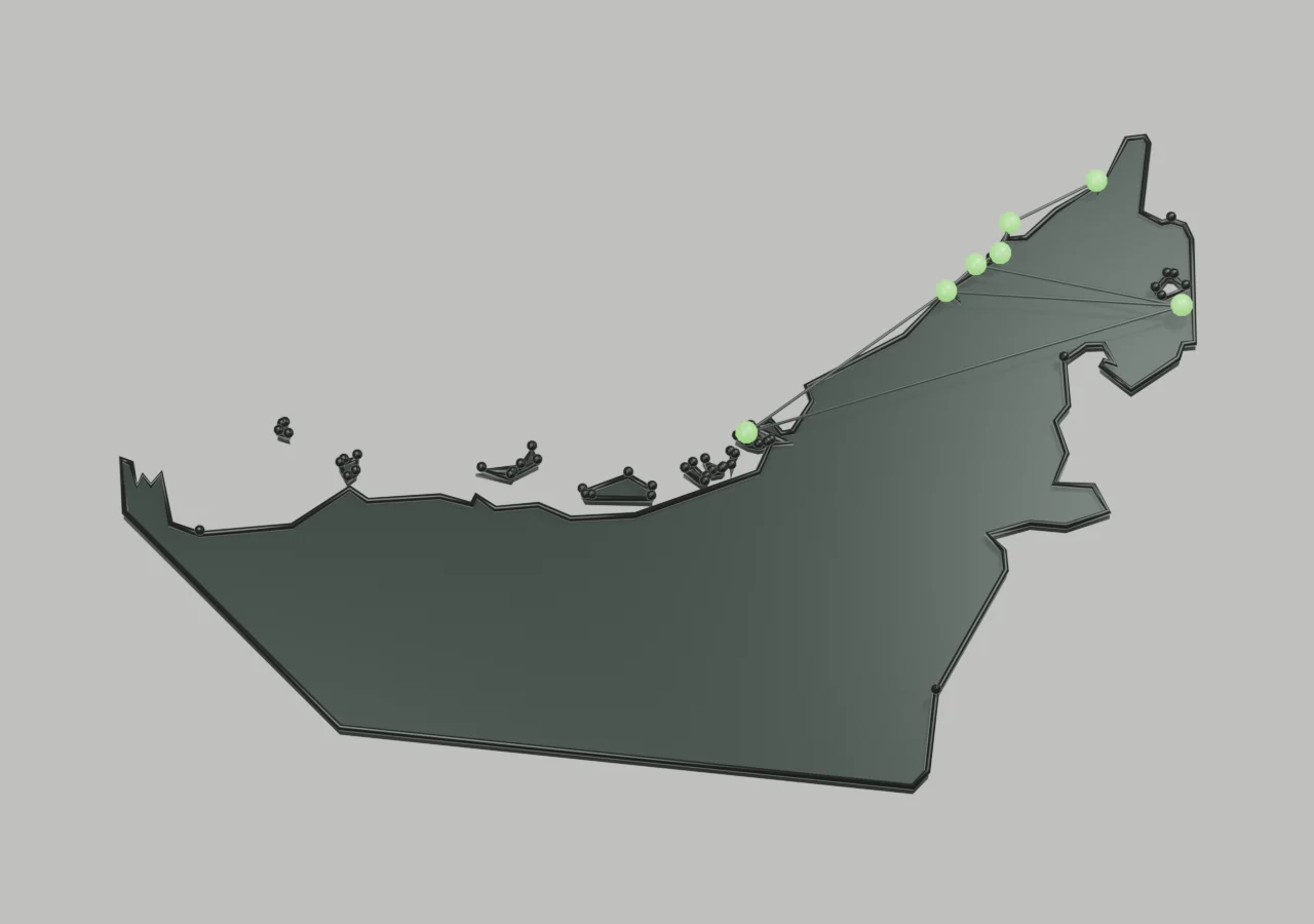 خريطة الإمارات مجسمة كشبكة حية تربط الإمارات السبع